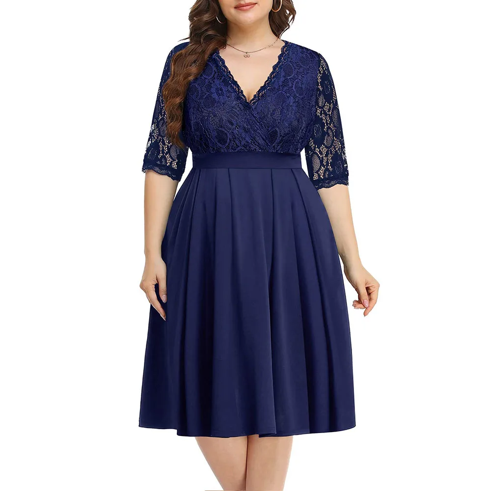 Plus Size Pyl Frauen V-Ausschnitt Spitze Blumen gedruckt gekräuselte Midi-Kleider Damen Sommer Slim Fit Party kleid Sommerkleid Cocktail 2024 heiß