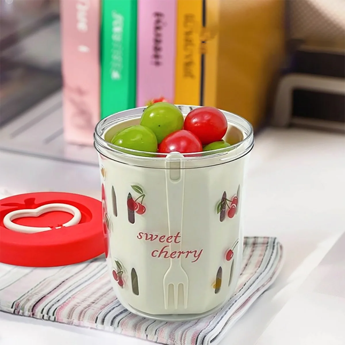 WORTHBUY Doppelwandiger Salatbecher, tragbarer, auslaufsicherer Haferbehälter mit Gabel und Griff, Abfluss-Obstbecher, niedlicher Frühstücksbecher für Studenten – Detail 10
