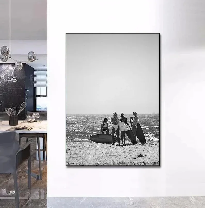 Black White Surfer Vintage Beach Surfboard Hawaii Girl Surfing Poster and Canvas Printing Wall Art Picture for Room Home Decor