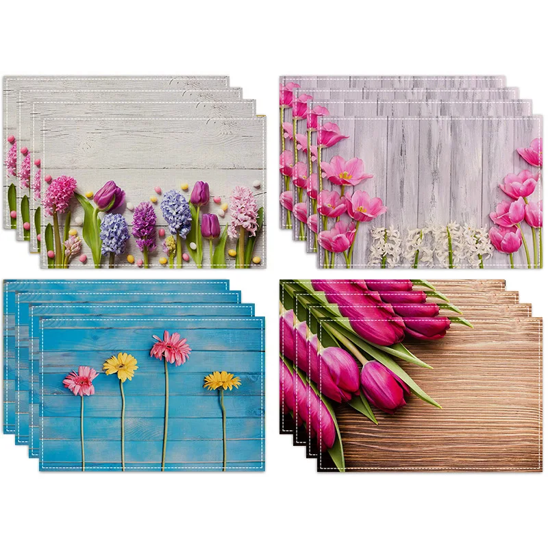 

New Rustic Linen Placemats with Pink Flowers Printed Rectangular Insulation Mats Kitchen Dining Room Decorative Table Mats