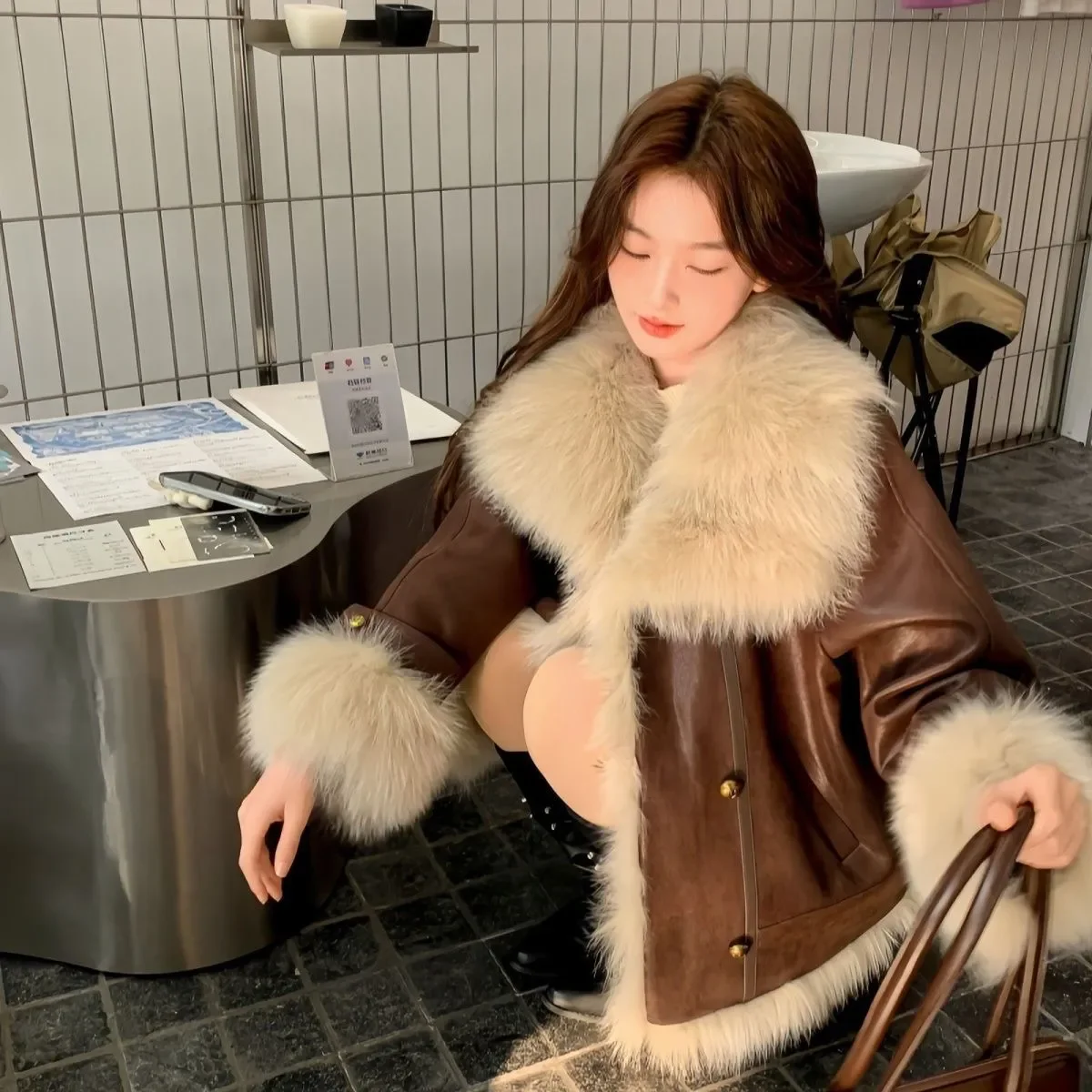 

Women's Caramel Big Fur Collar Cotton Padded Coat Winter New Hauteur Casual Thick Coat Warm Coldproof Luxury Winter Coat Women