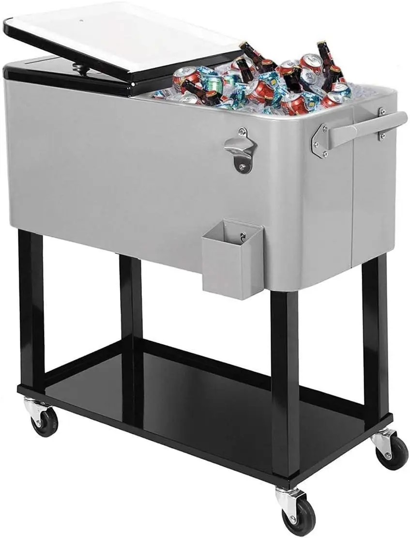 

80 Quart Qt Rolling Cooler Ice Chest for Outdoor Patio Deck Party, Grey, Portable Party Bar Cold Drink Beverage Cart Tub