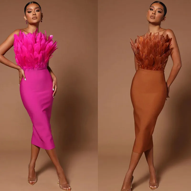 

Ele Pink Feather Wrap Dr 2023 New Sle Faionable Bandage Slim Fit Par Dr Wedding Celebration Cotail Dr