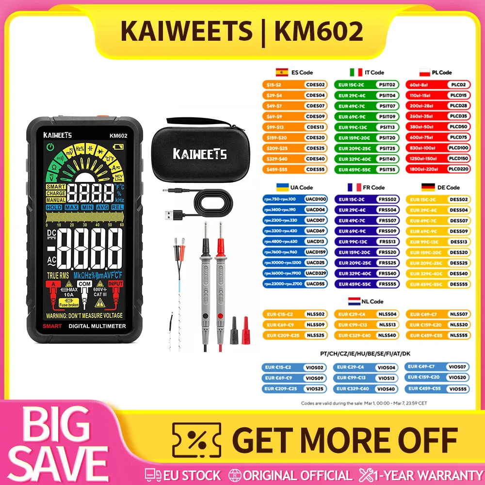 Multimètre numérique intelligent KAIWEETS KM602, 6000 points de lecture True-RMS, batterie rechargeable 1200 mAh, large application, protection de sécurité, affichage maximum 6000 points - Noir