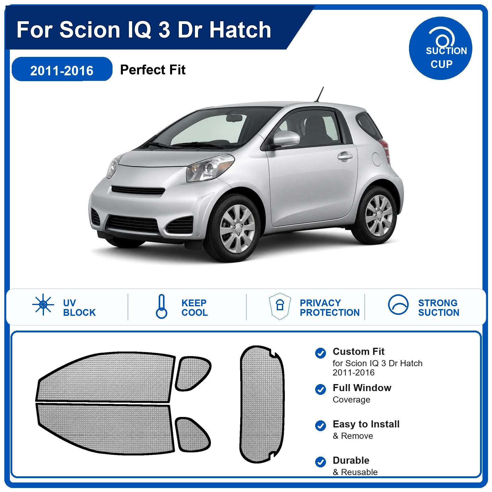 Для Scion IQ 3 Dr Hatch 2011-2016: Полный комплект солнцезащитных шторок на лобовое стекло из алюминиевой фольги, теплоизоляционные, с защитой от УФ-лучей, складные