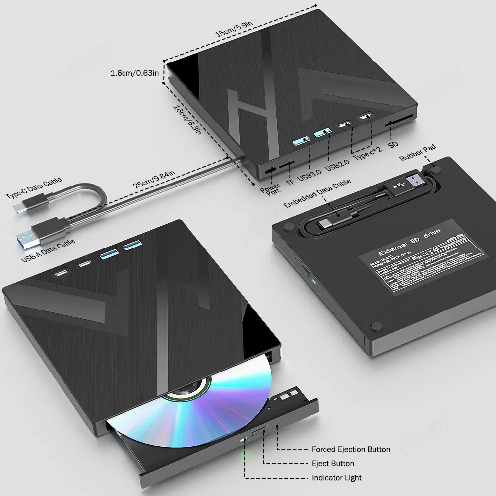 USB 3.0 Type-C External Blu-ray Optical Drive for Laptop PC Portable BD DVD CD -/+RW Player Burner Reader with SD/TF Card Slot