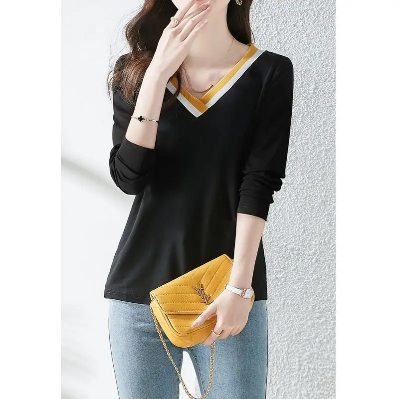 V-Neck Spliced Contrast Color Long Sleeve Casual Spring Autumn New Top Korean Classic Women\'s Clothing Wear Outside Tee Shirt