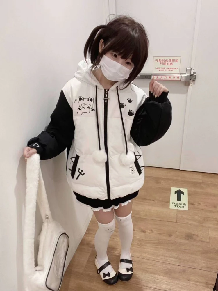 Japanse Cartoon Print Kawaii Y2k Parka's Contrast Kleur Oor Leuke Gewatteerde Vrouwen Grunge Esthetische Losse Gewatteerde Jassen