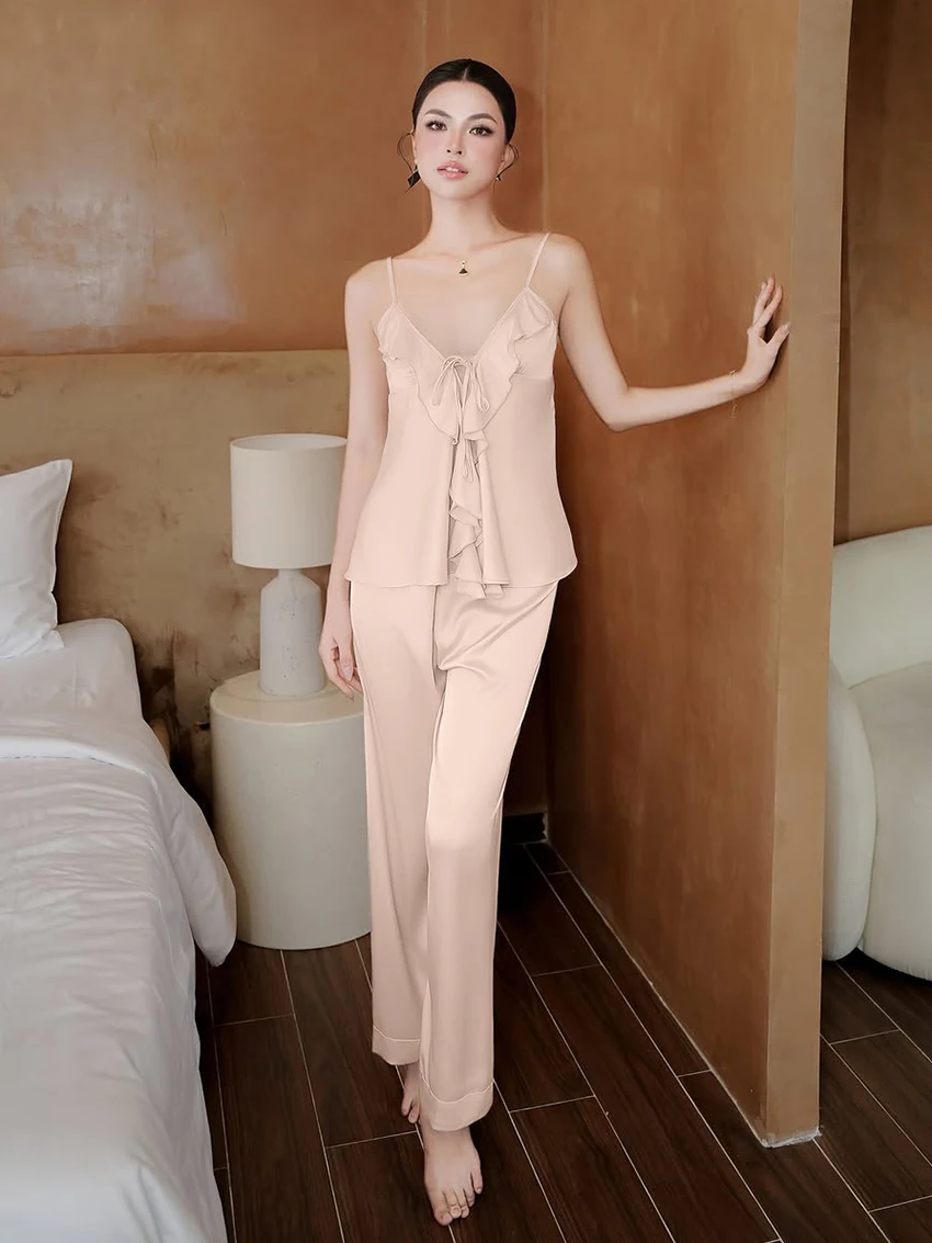 

Marthaqiqi Comfort Ladies Pajama Set Spaghetti Strap Nightie Lace Up Nightgown Sexy V-Neck Sleepwear Pants Female Nightwear Suit