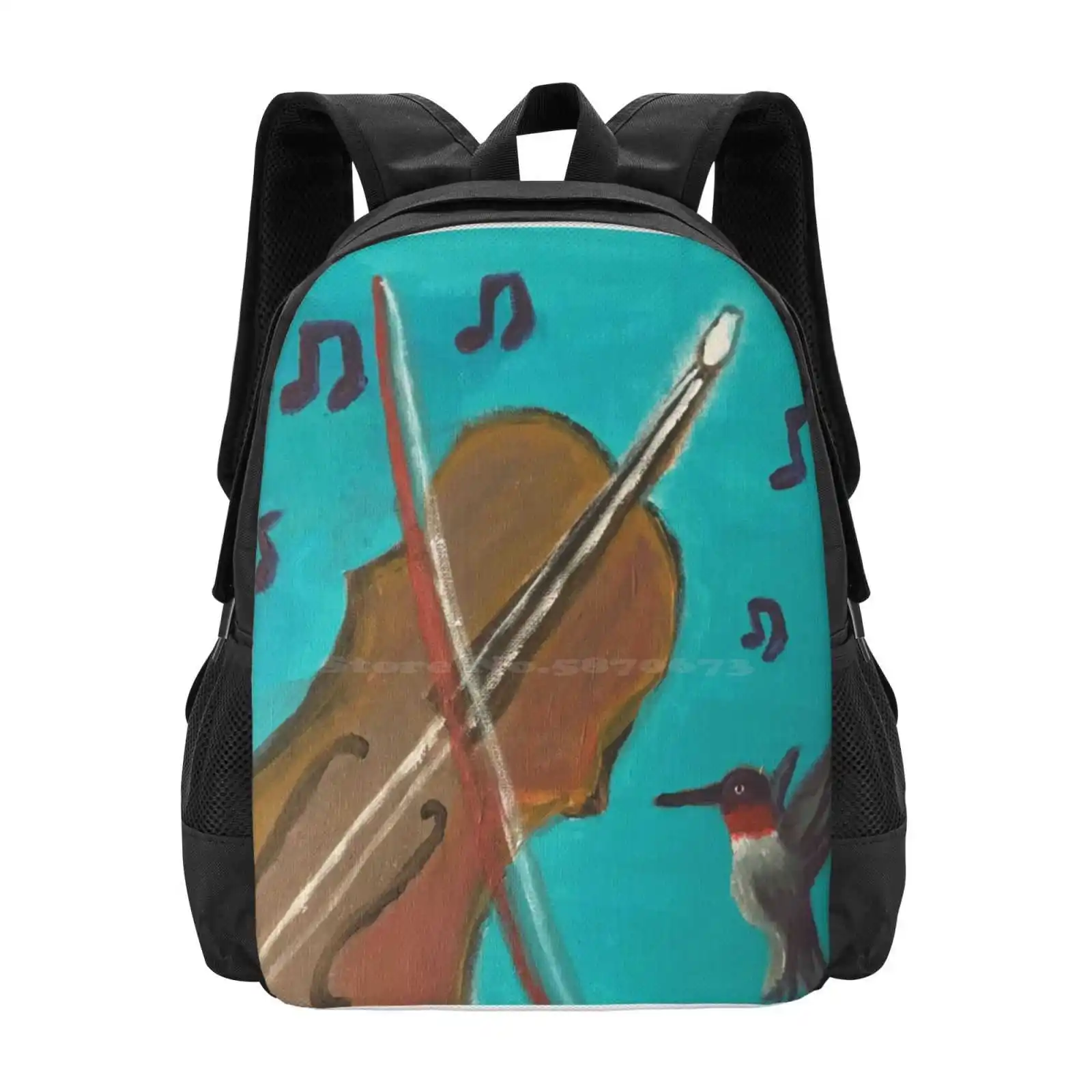 Hummingbird Violin Pattern Design Bagpack School Bags Hummingbird Violin Music Note Instrument Orchestra Class Blue Cyan Listen