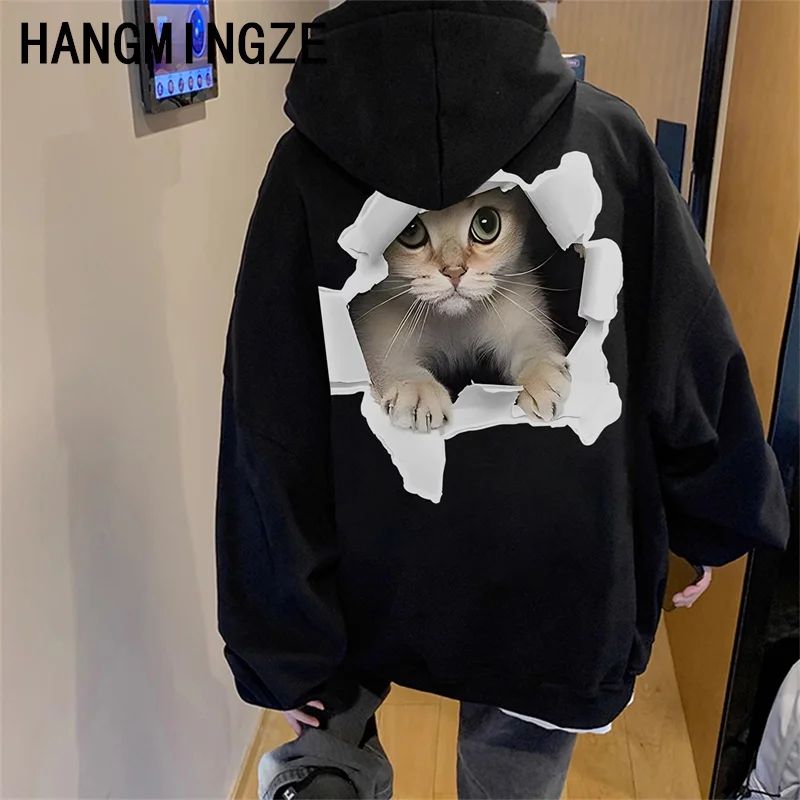 

Man Clothing Vintage Street Sweatshirt Cat Pattern Pullover Hoodie Long Sleeves Casual Warm Oversized Hoody Couple Tops Clothes