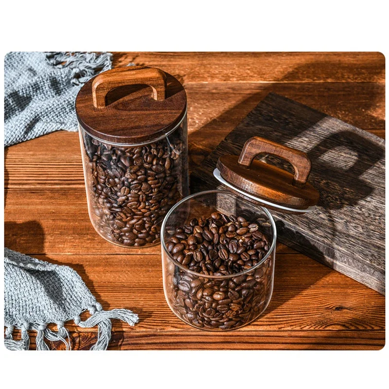 جرة زجاجية سميكة محكمة الغلق مع غطاء خشبي مقاوم للماء والرطوبة صينية تخزين حبوب البن حاوية حبوب الشاي الشفافة