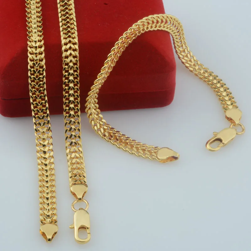 Mens Women Yellow Gold Color Curb Carving Necklace Link Bracelet Set Jewelry