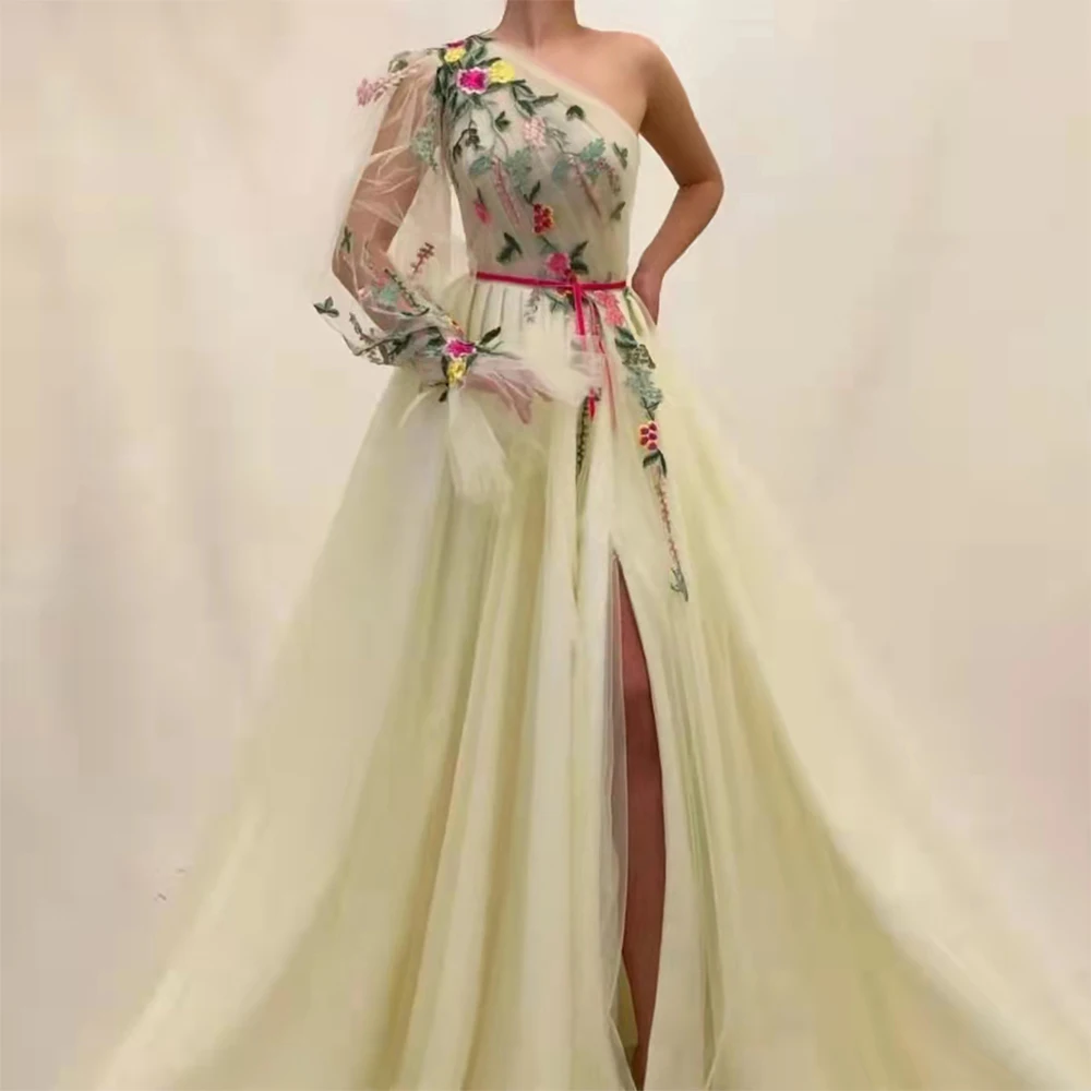 

Colorful Applique 3D Flower Prom Dresses 2022 One Shoudler Boat Neck Slit A-line Evening Gowns Customize robes de soiré robe lon