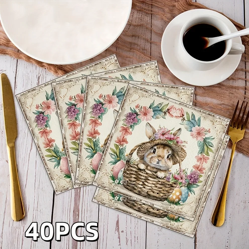Easter Bunny Flower Basket Napkins Sqaure Disposable Paper Placemat for Party Holiday Event Dinner Table Setting Decoration