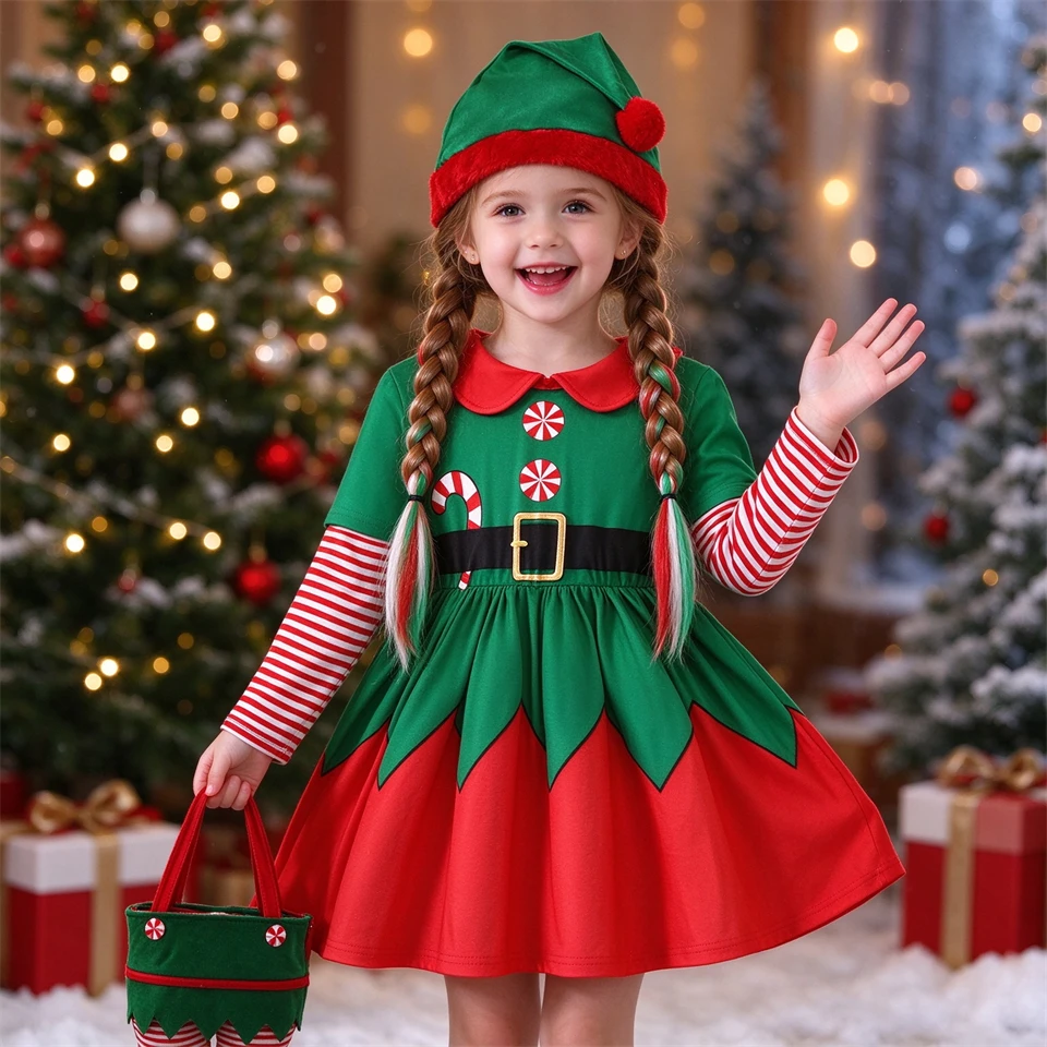 High Quality Fake Two-Piece Red White Striped Long Sleeve Green Elf Dress for Girls Holiday Party Stage Performance Kids Clothes