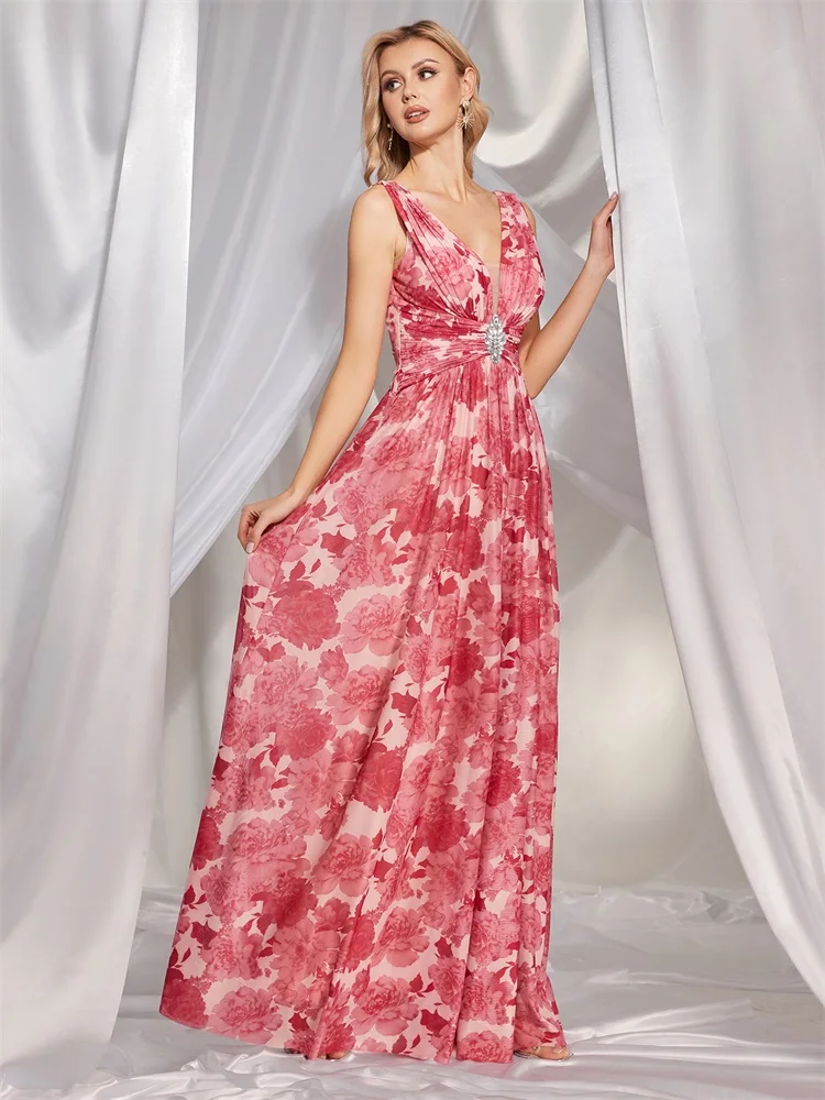 Vestidos de Noche formales con espalda en V para mujer, vestidos largos de lujo de gasa rosa para dama de honor, boda, fiesta, cóctel, graduación, 2024