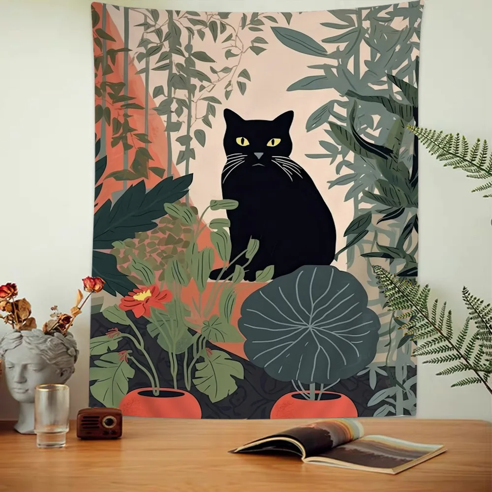 Abstrato plantas verdes gato preto diy tapeçaria de parede pendurado tarô hippie tapetes de parede dormitório ins decoração de casa