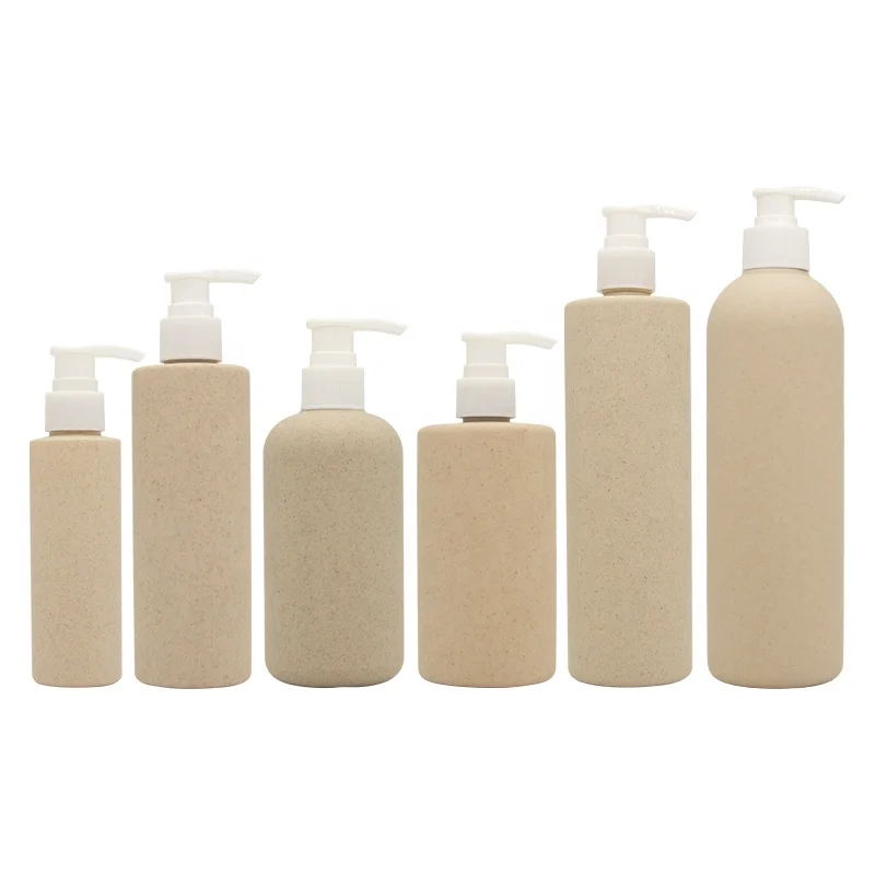 Frosted Wheat Straw Pla Compostable Cosmetic Shampoo Lotion Pump Bottles Biodegradable Plastic Custom Printed 100ml 250ml 500ml