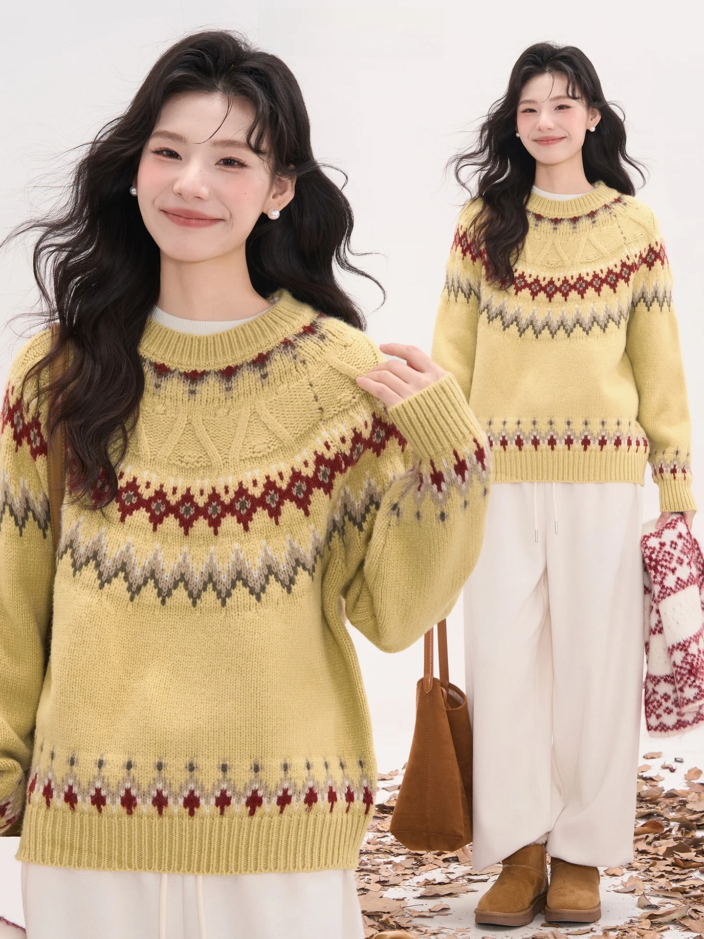 

Thiened Knitted Sweater Women's round Ne Princ Sle Long Sve Princ Wind Polyde Fiber Circular Knitwear