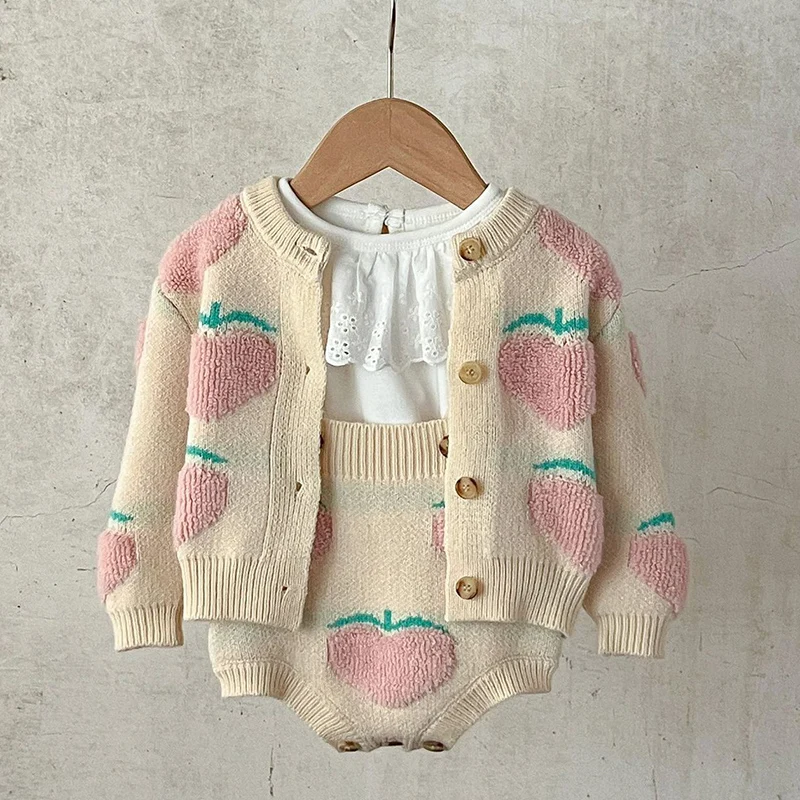 

2024 New Autumn Newborn Baby Girls Clothing Set Long Sleeved Knitted Cardigan+Jumpsuit Children Knitted Clothes Suit