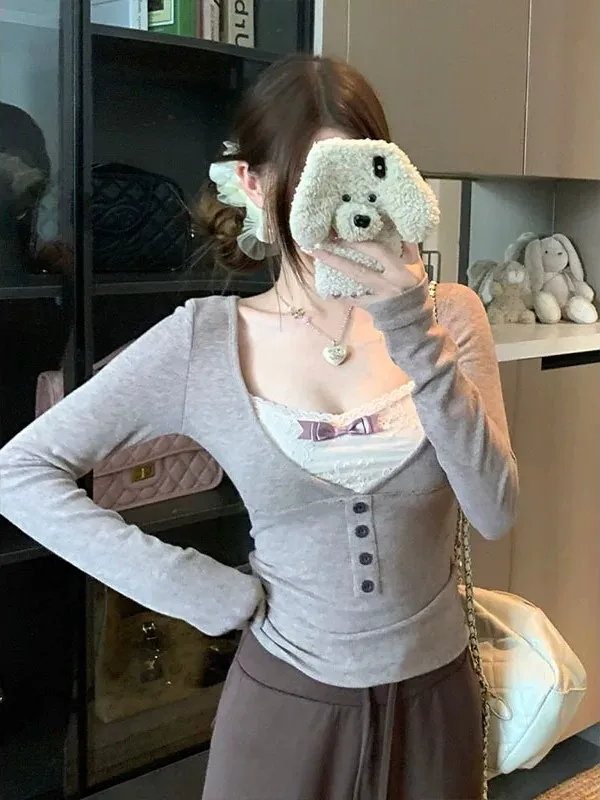 Pure Desire Lace  Knot Long Sleeve T-Shirt Women's Slim Fit Base Shirt Inner Wear Top City Walk Suitable for Ladies