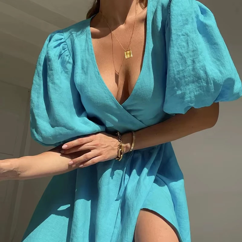 Summer V-Neck Sexy High Slit Dress Vintage Puff Short Sleeve Women Elegant Blue Long Dress Party Casual A-line Vestido 27998