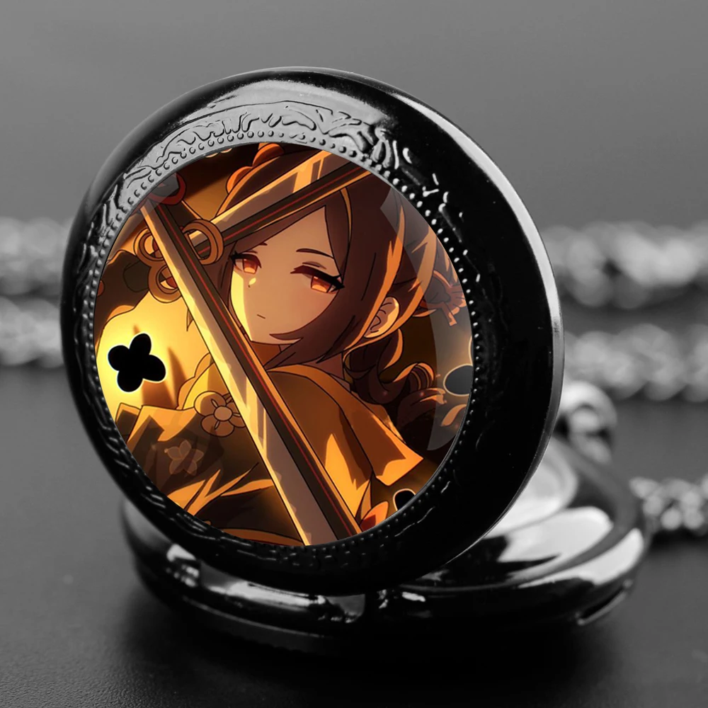 Anime Genshin Impact Na Wei YaQuartz Pocket Watch for Women Men Black Necklace Unique Pendant Clock Chain Watch Gift Accessories