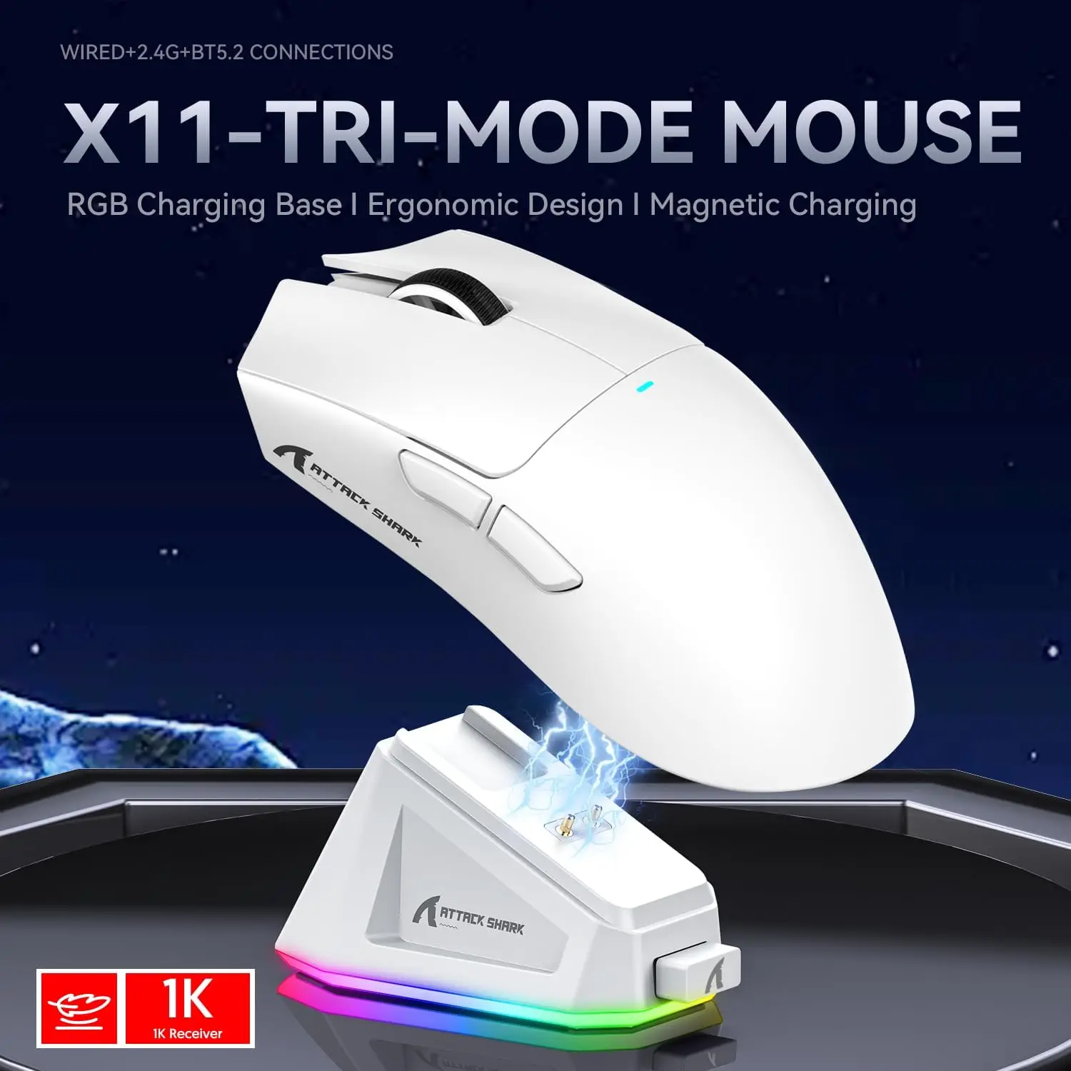 ATTACK SHARK X11 Mouse Gaming, Dok pengisian magnetik PixArt PAW3311 Sensor Gaming 22000 DPI BT/2.4G Mouse Gaming nirkabel/berkabel