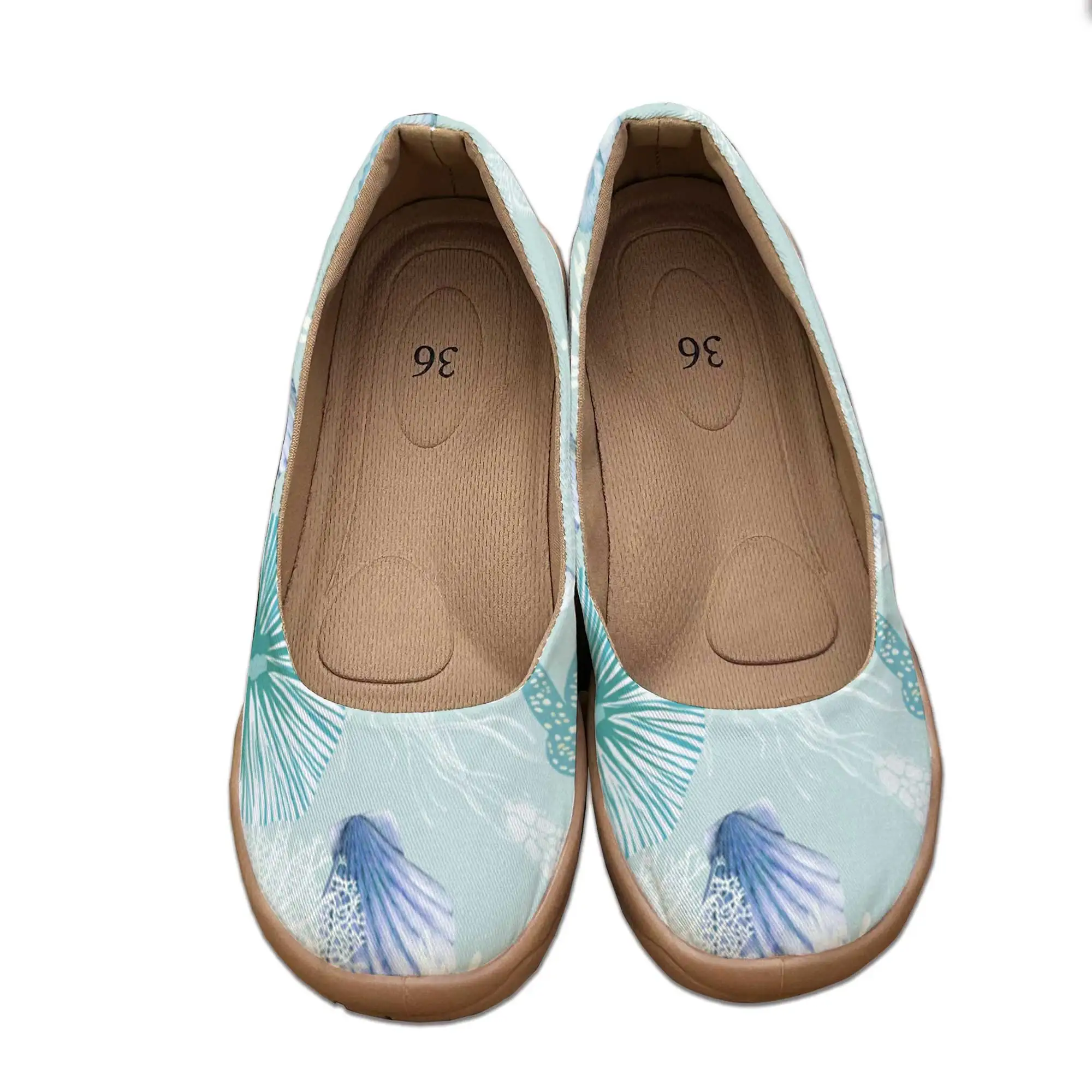 Fresh and Simple Ocean-Themed Print Wide-Fit Mom Shoes for Women, Slip-On Soft-Soled Shallow Shoes, Wide Toe That Doesn'T Squeeze the Feet, Lazy Shoes for Wide Feet