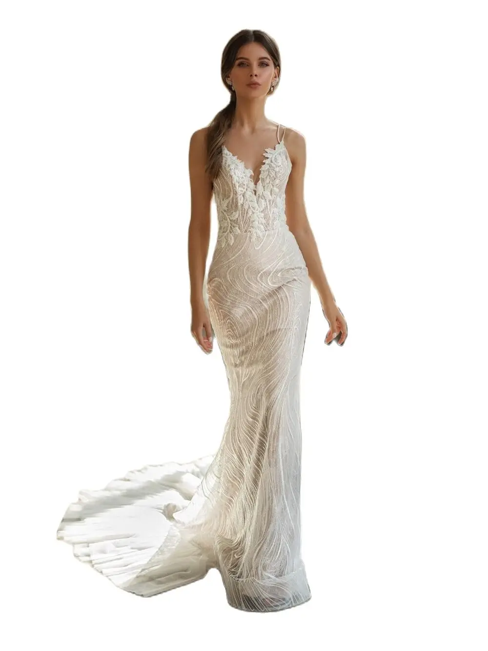 فساتين زفاف دانتيل أشرطة سباغيتي مزينة بالدانتيل فساتين زفاف مصنوعة حسب الطلب بدون ظهر سويب تراين حورية البحر فستان الزفاف #2