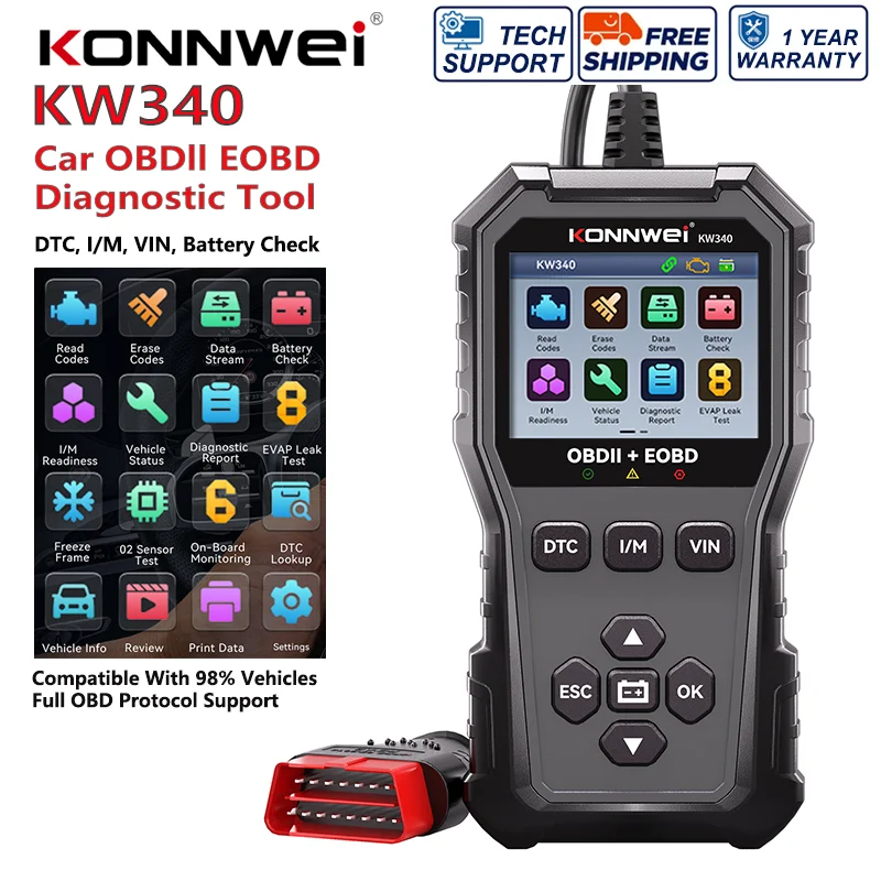 2026-konnwei-kw340-車両用-can-obd2-eobd-診断ツール-エンジン消去-誤り訂正コード読み取り-i-m-vin-バッテリーチェック-obdii機能
