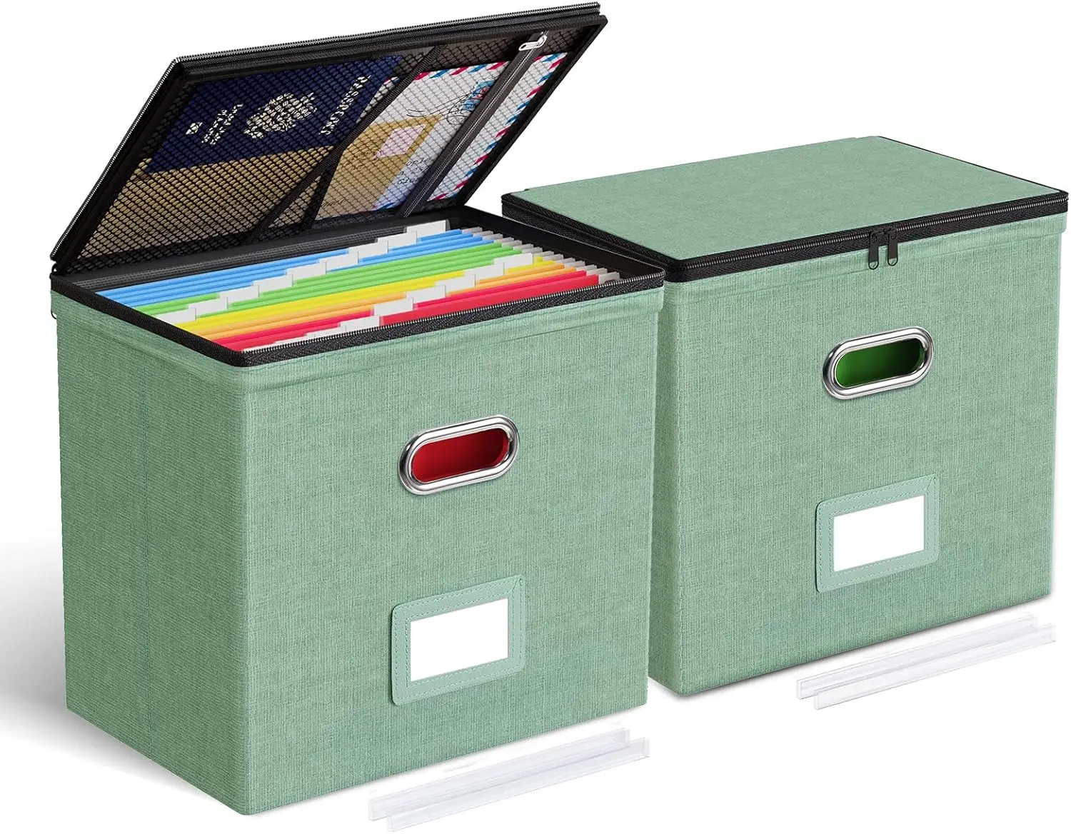 

2-Pack File Organizer Boxes with Lids, Mesh Pockets for Folders, Zippered Storage for Home Office School in Green