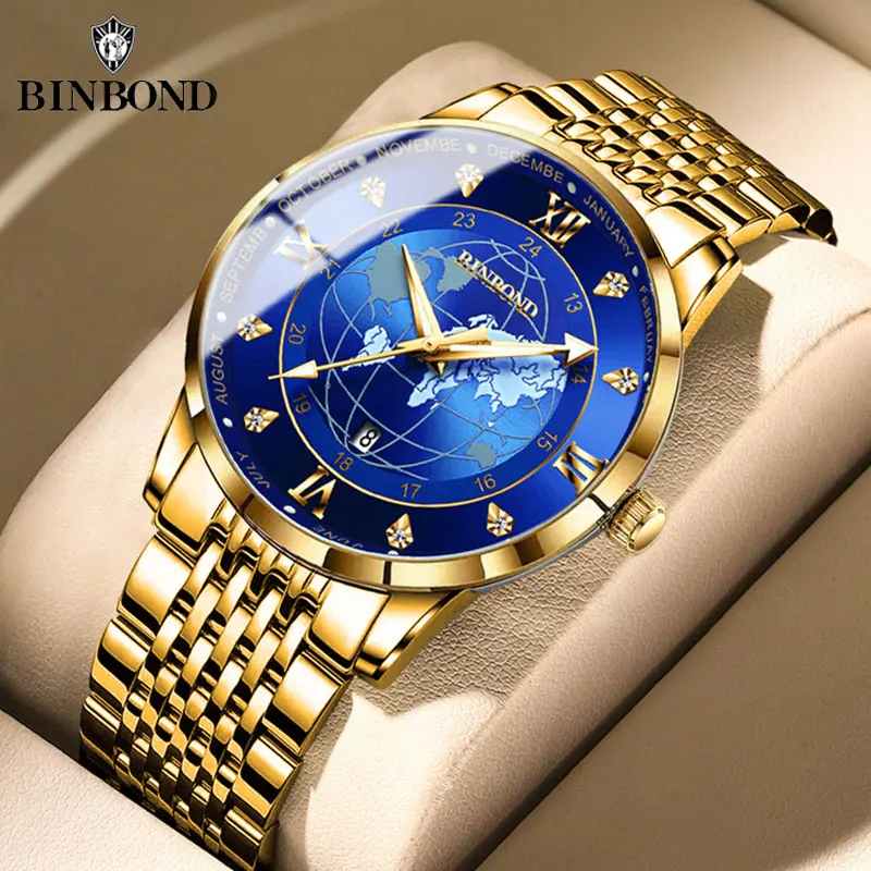 

Бренд BINBOND B0117 Мужские кварцевые часы Дата Календарь Светящиеся наручные часы Модные мужские повседневные водонепроницаемые часы из нержавеющей стали