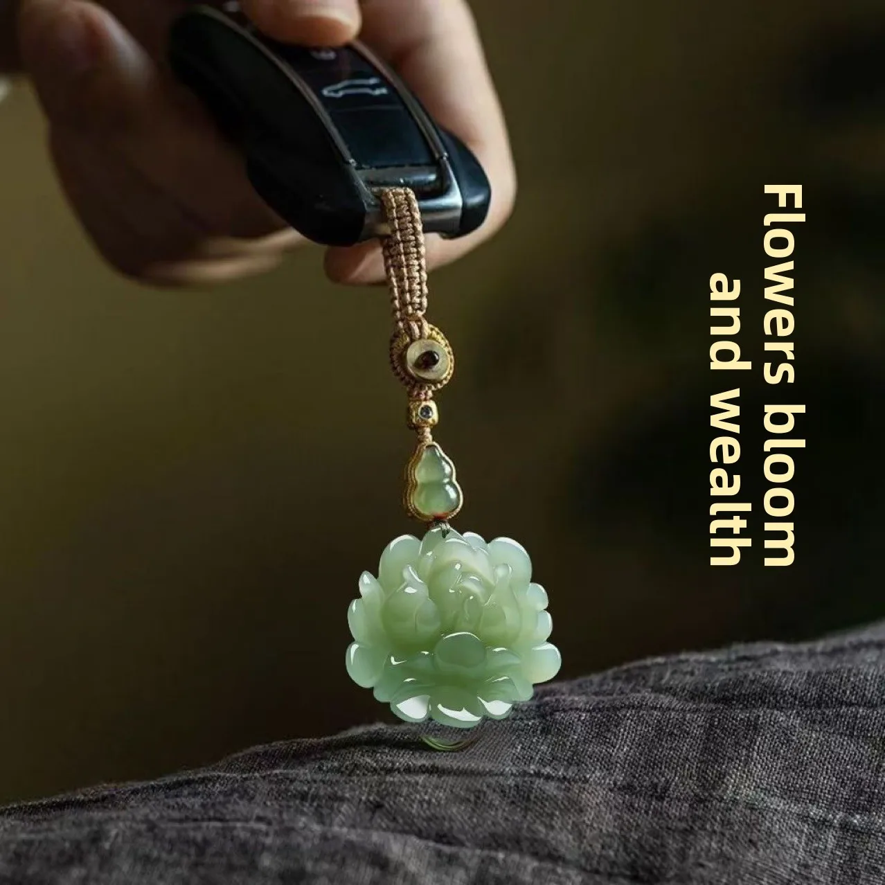 Natural Hetian Jade Blooming Peony Pendant Chinese Style Luck Blessing Wealth Attracting Car Key Chain Light Green Unisex Neckla