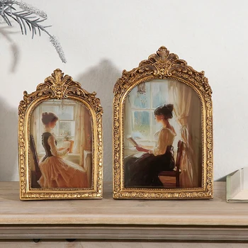 Moldura de foto em forma de arco antigo, cor dourada esculpida em relevo, suporte de moldura de resina, suspensão de parede, decoração de mesa para casa, artesanato