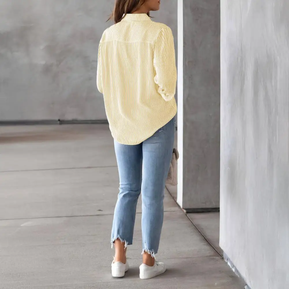 

Непрозрачная полосатая футболка, элегантная женская рубашка с лацканами и длинными рукавами, с накладным карманом, свободный офисный топ, дышащий