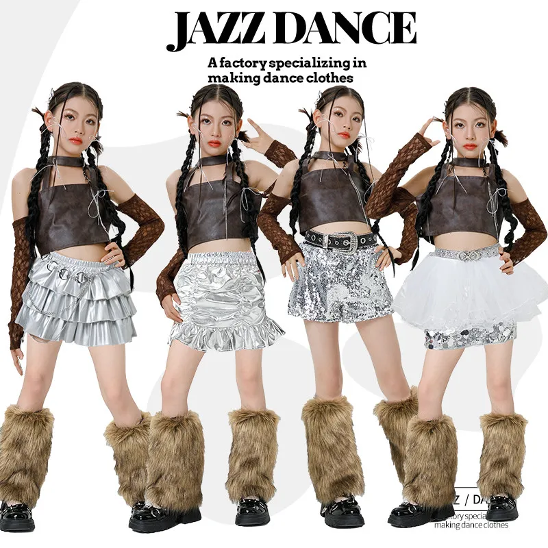2026 Children Ballroom Hip Hop Dance Costumes For Girls Crop Tops Sliver Skirts Kpop Outfits Jazz Performance Clothes XH4173