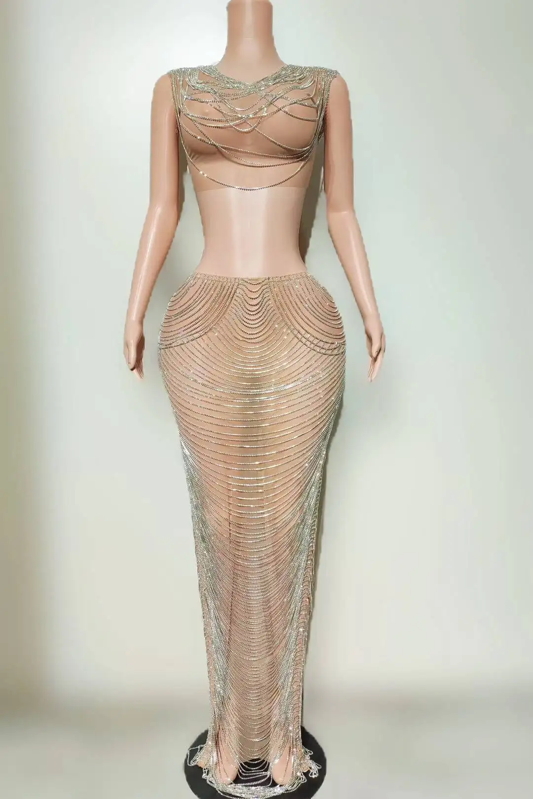 Dianche Luxury Women Evening Gown Sexy Perspective Mesh Exposed Navel Top Hip Hugging Chain Skirt Ball Gown Birthday Dress