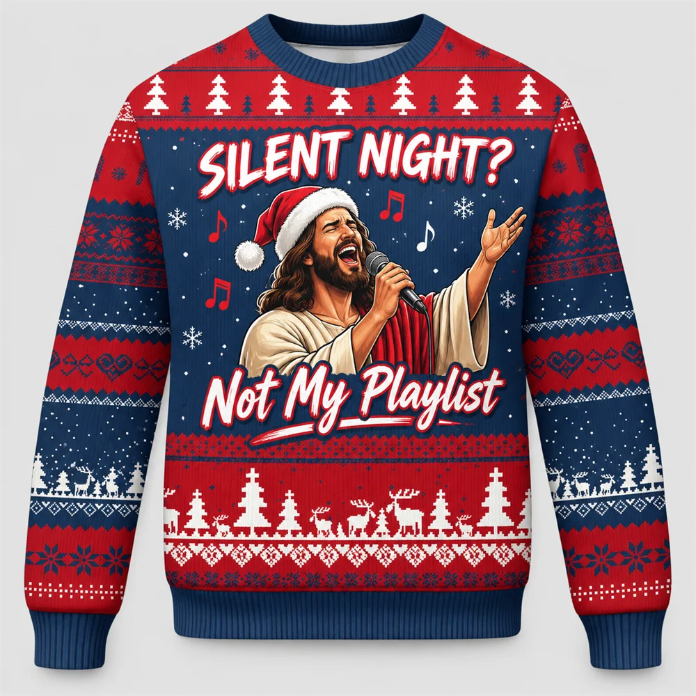 Retro Christmas Party Pullover Men with Funny DJ Jesus Jingle Remix 3D Print Crewneck Sweatshirt Long Sleeve Novelty Xmas Gift