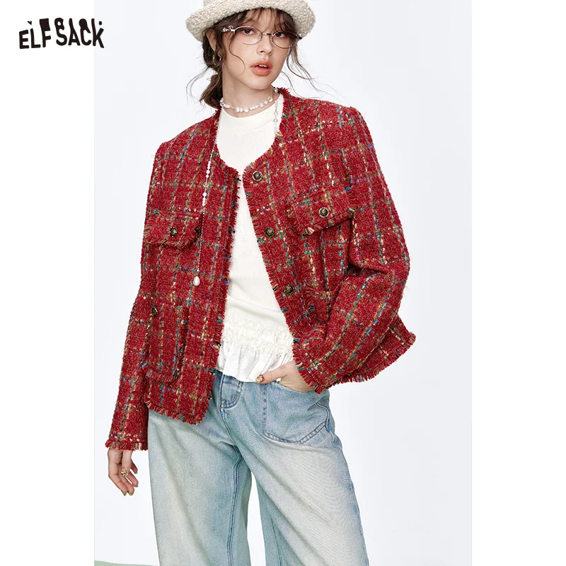 ELFSACK-Veste Courte Vintage à Carreaux Rouge pour Femme, Manches sulf, Simple Boutonnage, Col Rond, High Street, Nouvelle Collection Printemps 2025