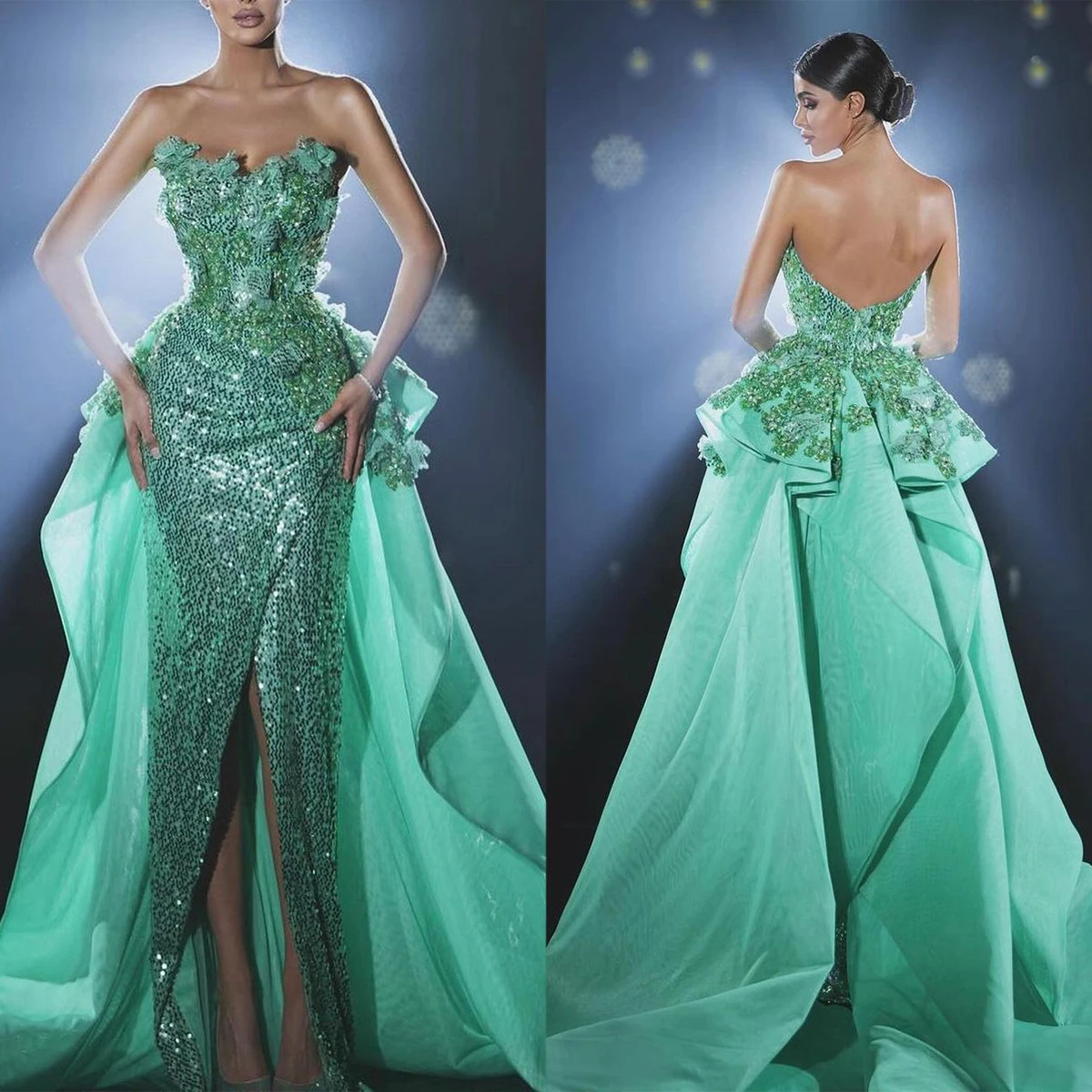 

Green Illusion Evening Dresses With Hem Strapless Party Prom Dress Sexy Mid-Split Robe De Soirée Custom Made