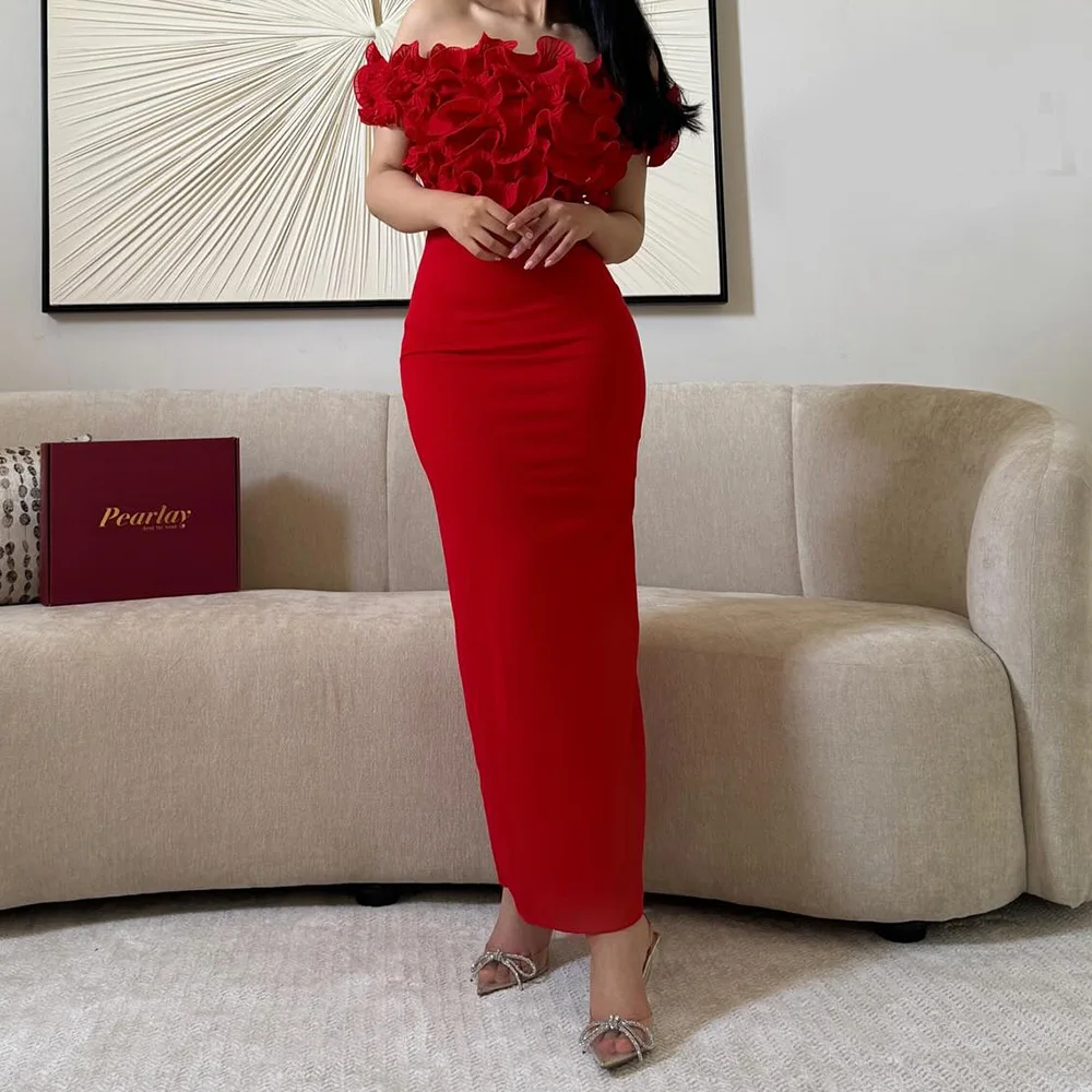 Modern Side Slit Ankle Length Ruffles Pleats Evening Dresses Temperament Straight Off the Shoulder Short Sleeves Party Gowns