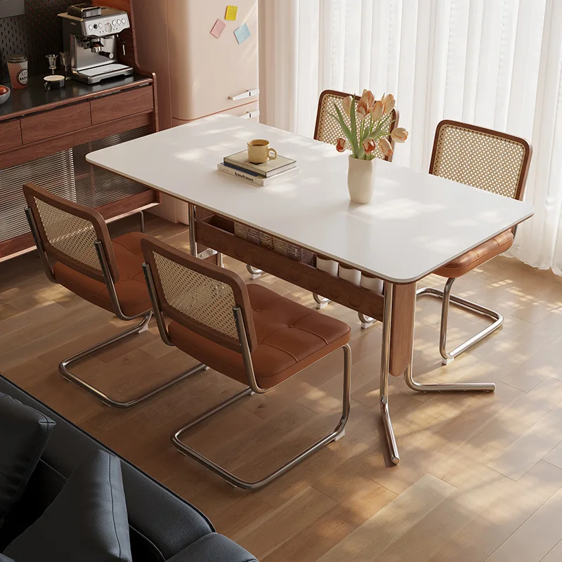 Rectangular Rock Slabs Dining Table for Apartment Modern Home Kitchen Tables with Storage Luxury Stainless Steel Legs Cafe Table