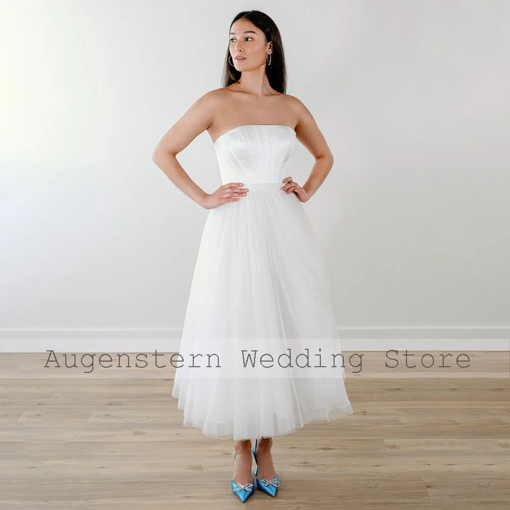 Vestido de casamento de tule branco, uma linha, comprimento do chá, vestidos simples, mangas curtas destacáveis, vestidos de noiva elegantes