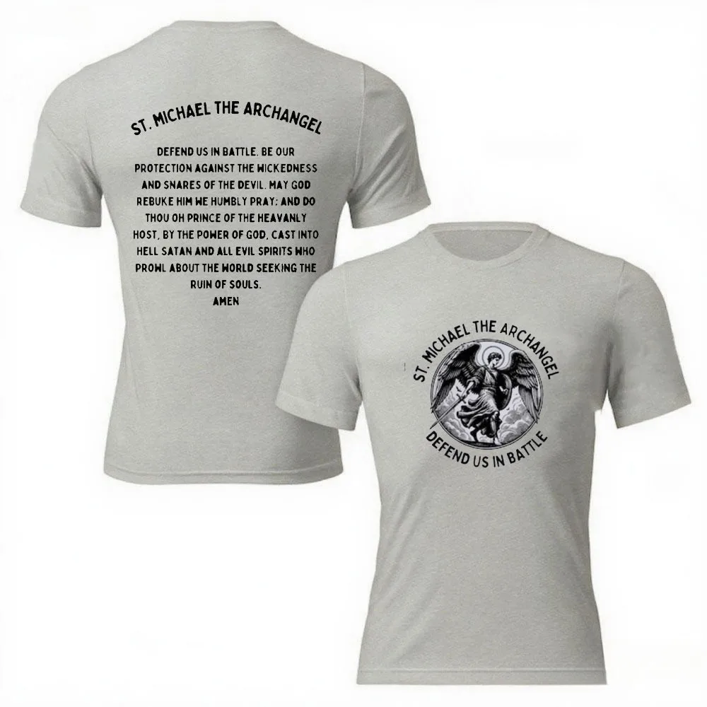 Camiseta de oración de San Miguel, el Arcángel nos defiende en batalla, camiseta católica para hombre, camiseta con cita de San Católico, camiseta de diseño único para hombre