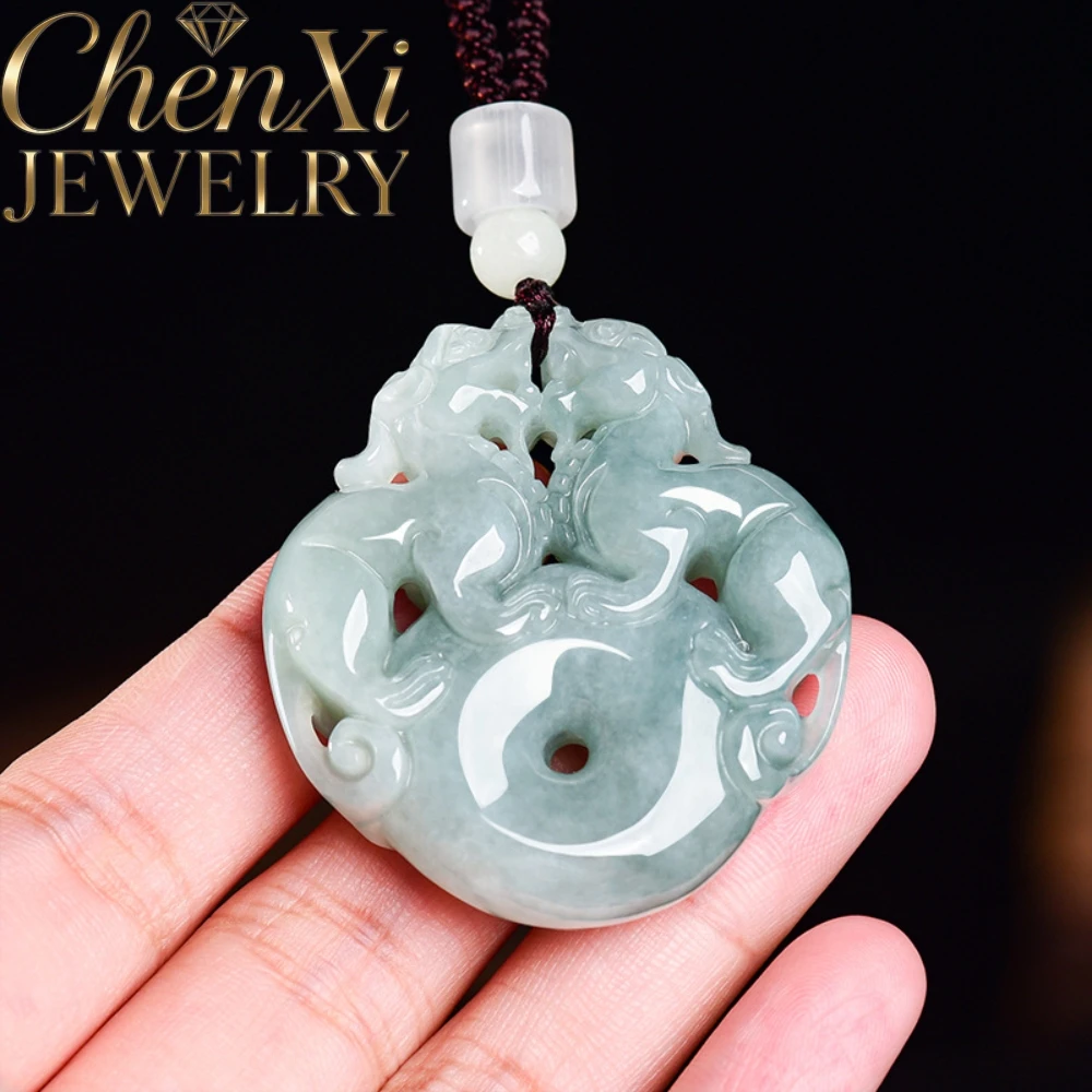 Genuine Natural Myanmar Icy Grade A Jadeite Double Pixiu Safety Buckle Pendant  Hand‑Carved Jade Necklace Daily Wear JewelryGift