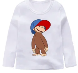 Cute Cartoon Curious George Design T Shirt Boys Girls New Casual Long Sleeve Tops Children's White T-Shirt,