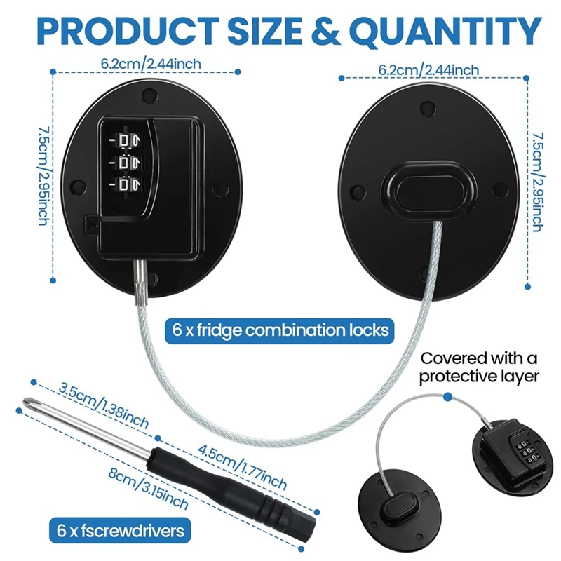 Gabinete Fechaduras com Combinação Frigorífico Lock Combo, Segurança Criança Lock, 6 chaves de fenda, fácil instalar, 6 pcs