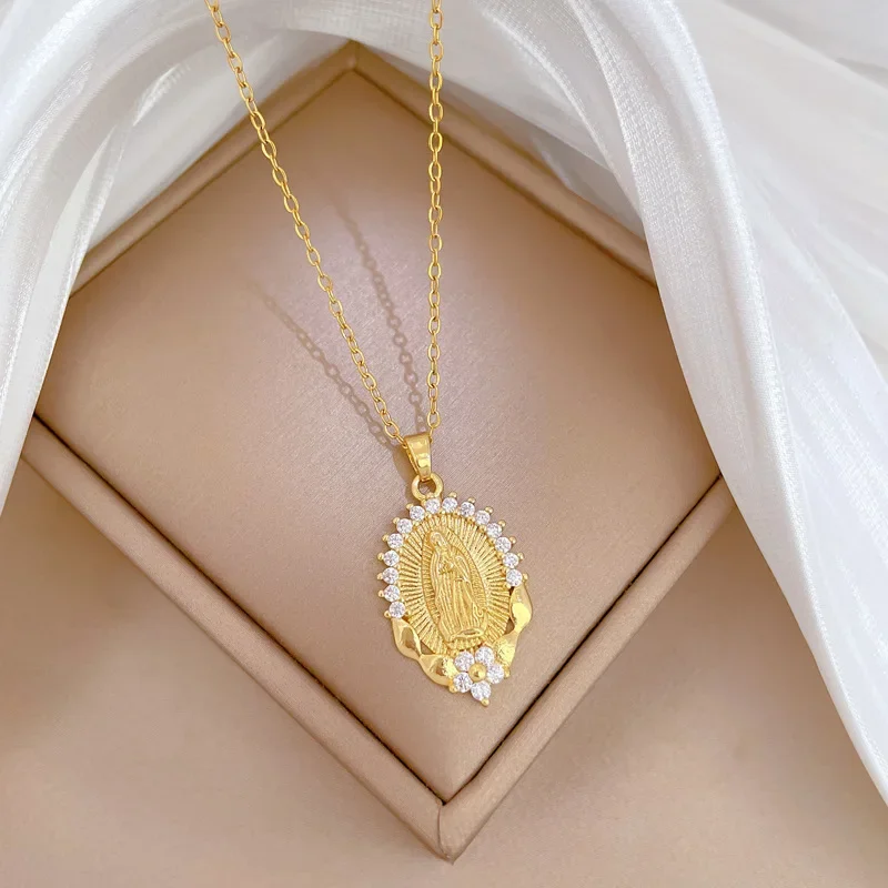 Stainless Steel Chain Religious Virgin Mary Zircon Flower Pendant Necklaces for Women Men Accessories Jewelry Gifts